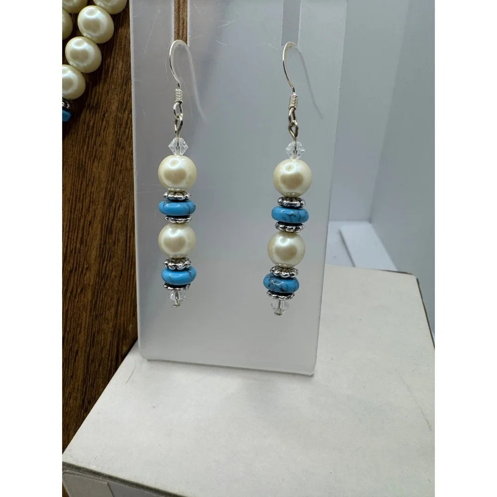 Chaps Faux Pearl Turquoise Multi Strand Necklace and Earring Set Silver Tone
